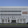 Modern Office Building Exterior With Glass Facade White Structure Front Entrance And Parked Cars