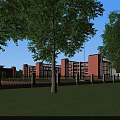 School Building Complex With Red White Facades Green Football Field Track And Lush Trees