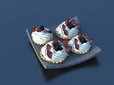 Four Delicious Cream Topped Tarts on Gray Tray With Chocolate Decorations and Black Fruits 3d model