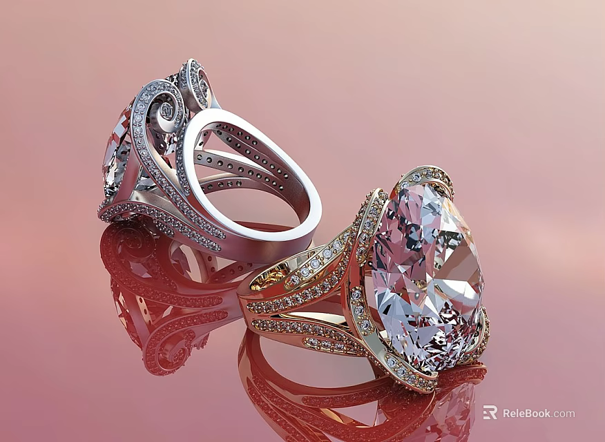 Luxury Gemstone Rings With Silver And Gold Settings Large Gemstones Ornate Design And Reflections 3d model 