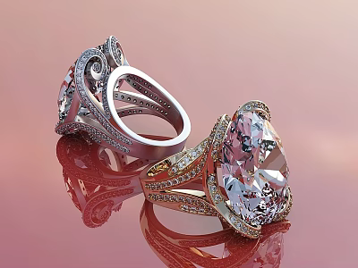 Luxury Gemstone Rings With Silver And Gold Settings Large Gemstones Ornate Design And Reflections 3d model