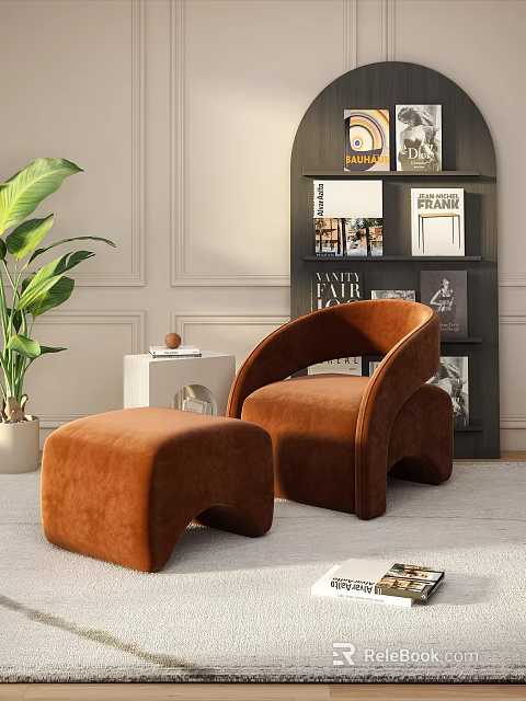 Brown Velvet Lazy Sofa with Ottoman Bookshelf and Plant in Modern Living Room 3d model 