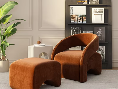 Brown Velvet Lazy Sofa with Ottoman Bookshelf and Plant in Modern Living Room 3d model