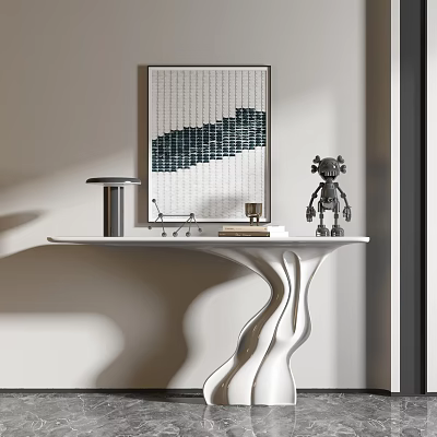 Modern White Curved Console Table With Table Lamp Robot Sculpture And Wall Art 3d model