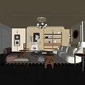 Modern Living Room Interior With White Sofa Fireplace Wooden Bookshelves Chandelier Brown Armchair And Rug