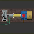 Industrial Mechanical Equipment With Gray Yellow Blue Components And Green Pipes On Brown Base
