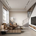 Modern Apartment Living Room With Sofa TV Stairs And Windows