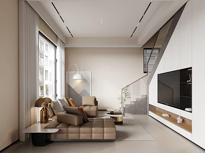 Modern Apartment Living Room With Sofa TV Stairs And Windows 3d model