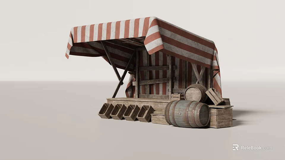 Wooden Market Stall With Red White Striped Awning And Barrels Crates 3d model 