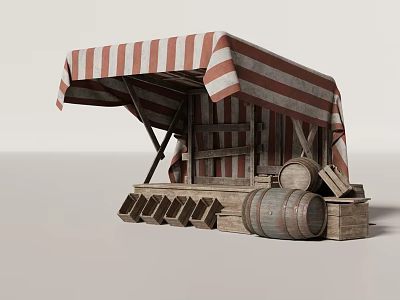 Wooden Market Stall With Red White Striped Awning And Barrels Crates 3d model
