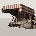 Wooden Market Stall With Red White Striped Awning And Barrels Crates
