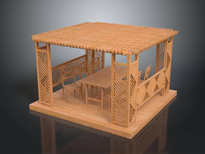 Wooden Outdoor Gazebo With Lattice Design Table And Chairs For Garden Relaxation Area 3d model