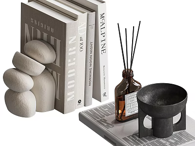 Modern Minimalist Decorative Ornament Set With Books Reed Diffuser Stone Ornaments And Black Bowl 3d model