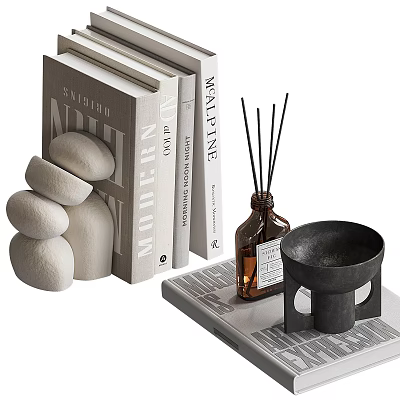 Modern Minimalist Decorative Ornament Set With Books Reed Diffuser Stone Ornaments And Black Bowl 3d model
