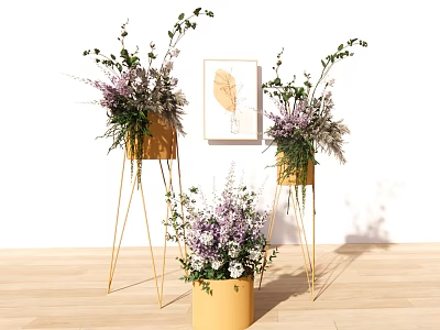 Golden Stand Vases With Purple White Flowers Green Foliage And Leaf Painting On Wooden Floor 3d model