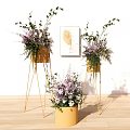 Golden Stand Vases With Purple White Flowers Green Foliage And Leaf Painting On Wooden Floor