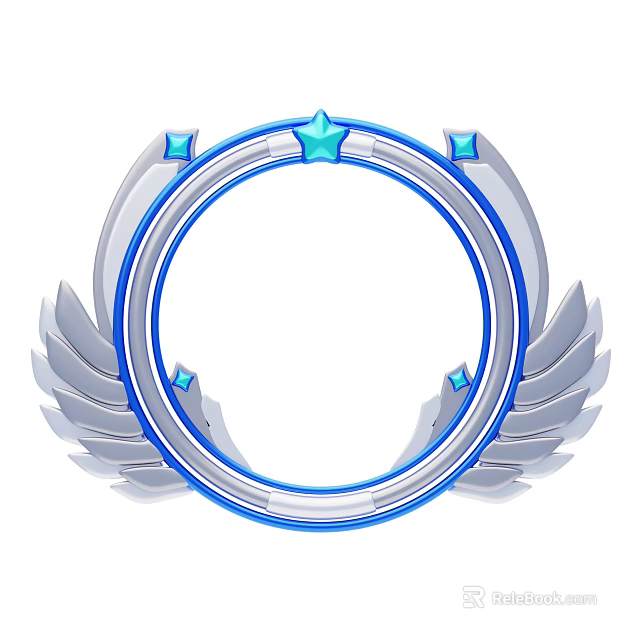 Elegant Circular Decorative Ornament Set With Blue Stars And Silver Wings 3d model 