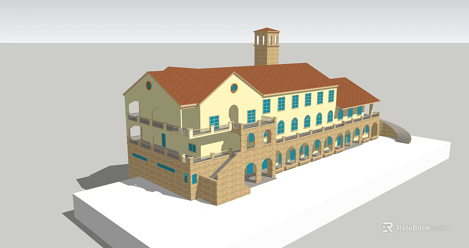 Mediterranean Style Building With Red Roof Yellow Walls Arched Windows And Tower 3d model 