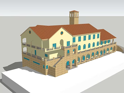 Mediterranean Style Building With Red Roof Yellow Walls Arched Windows And Tower 3d model