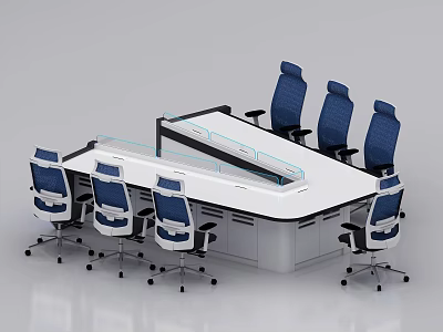 Control Room Interior With Large Console And Blue Ergonomic Chairs 3d model
