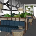 Modern Café Interior Design With Green Plants Blue Banquette And Woven Pendant Lights