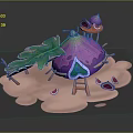 Cartoon Scene with Purple Fruit House Green Leaves Ladder Pink Ground and Sliced Fruits