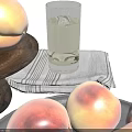 Ripe Peaches Arranged on Black Trays with Milk Glass and Stacked Gray Napkins