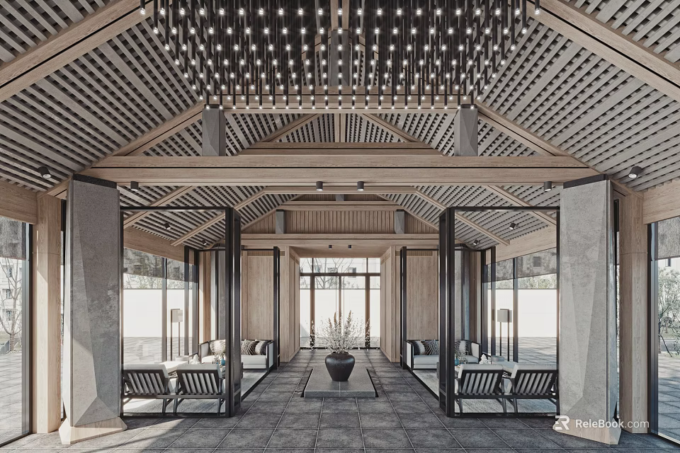 Modern Sales Office Interior With Wooden Ceiling Chandeliers Large Windows Open Space And Sofas 3d model 