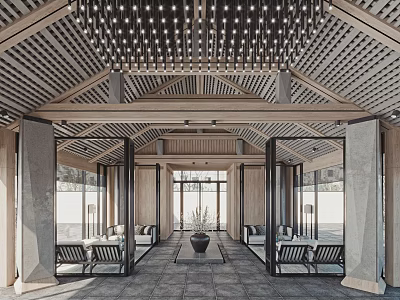 Modern Sales Office Interior With Wooden Ceiling Chandeliers Large Windows Open Space And Sofas 3d model