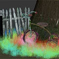 Old Red Tricycle Parked Beside White Wooden Fence And Large Tree On Grassy Ground