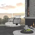 Single Sofa Outdoor Patio Woven Design with Cushions Near Fireplace Green Trees and Sky View
