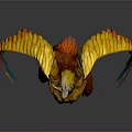 Fantasy Mythical Winged Creature with Golden Red Wings Horned Head And Blue Glowing Tail