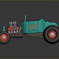 Teal Vintage Hot Rod With Red Interior Exposed Engine Number 78 And Large Wheels
