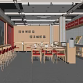 Modern Restaurant Interior With Open Kitchen Wooden Tables Chairs Red Decor And Glass Windows