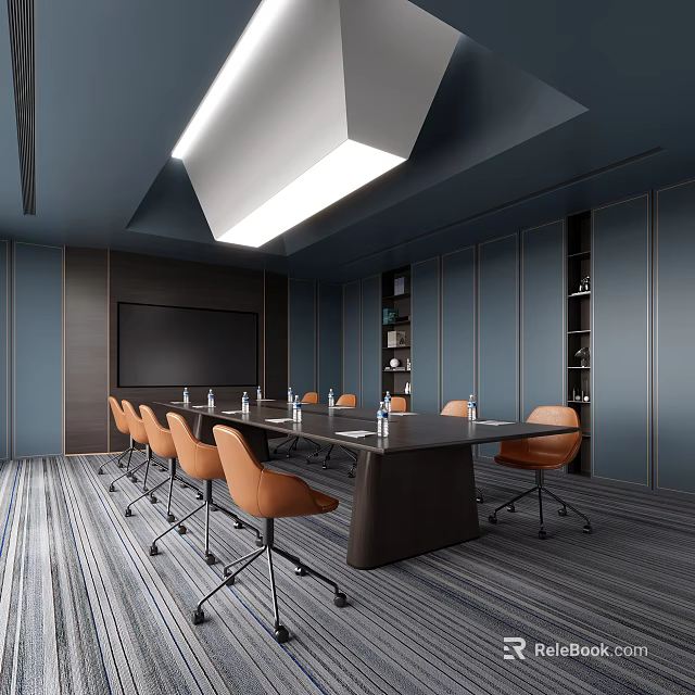 Modern Meeting Room Interior With Long Table Orange Chairs Ceiling Lighting And Shelves 3d model 