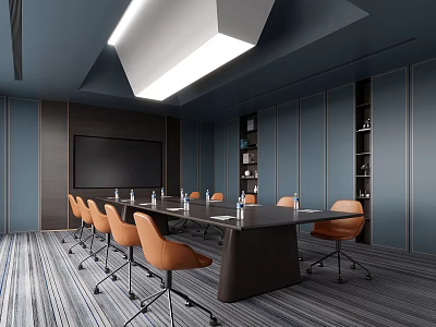 Modern Meeting Room Interior With Long Table Orange Chairs Ceiling Lighting And Shelves 3d model