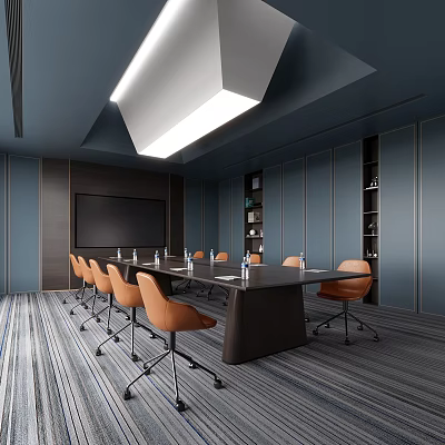 Modern Meeting Room Interior With Long Table Orange Chairs Ceiling Lighting And Shelves 3d model