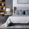 Modern Background Double Bed With Gray Tone Bedside Tables Table Lamps And Wooden Bookshelves