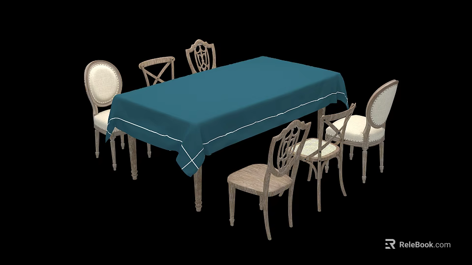 Elegant Dining Table Set With Blue Tablecloth And Six Ornate Back Chairs 3d model