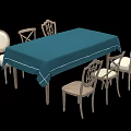 Elegant Dining Table Set With Blue Tablecloth And Six Ornate Back Chairs 3d model