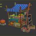 Wooden Fruit Stand With Blue Striped Canopy Fresh Fruits Blackboard Sign And Wooden Crates