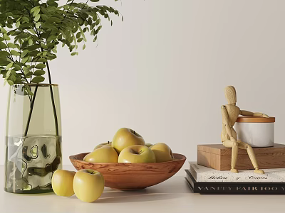 Decorative Ornament Set with Transparent Vase Green Foliage Wooden Bowl Yellow Apples and Wooden Figure 3d model