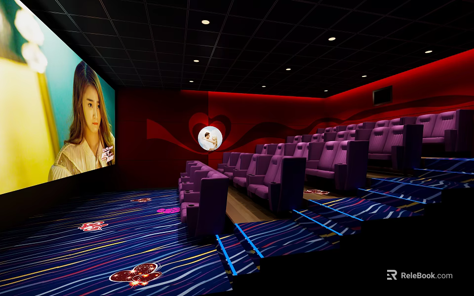 Modern Cinema Interior With Plush Purple Seats Large Screen And Red Decorative Walls 3d model 