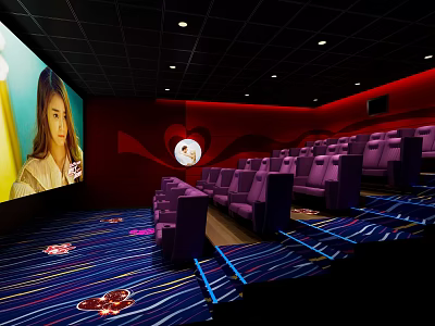 Modern Cinema Interior With Plush Purple Seats Large Screen And Red Decorative Walls 3d model