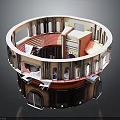 Detailed Round Architectural Model With Red Brown Exterior And Arched Windows