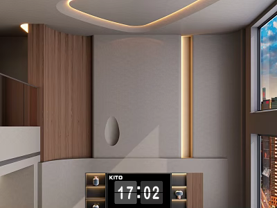 Modern Duplex Living Room Interior Design With Wooden Paneling Ceiling Lighting And City View Window 3d model