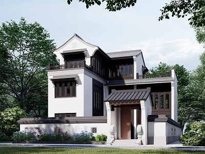Traditional Chinese Style Detached Villa With White Walls Black Tiles And Green Surroundings 3d model