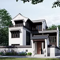 Traditional Chinese Style Detached Villa With White Walls Black Tiles And Green Surroundings