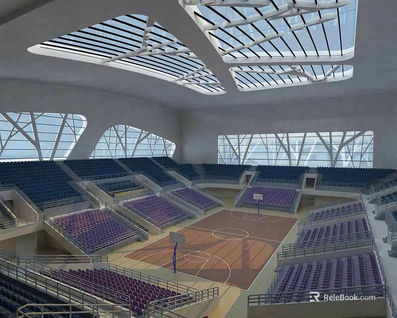 Basketball Arena Interior With Large Glass Windows Skylights Purple Blue Seats And Wooden Court 3d model 
