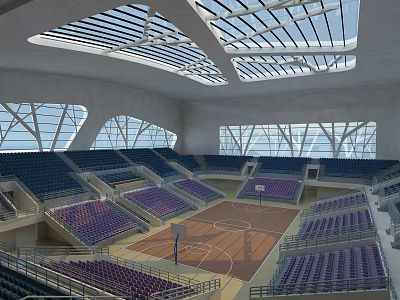 Basketball Arena Interior With Large Glass Windows Skylights Purple Blue Seats And Wooden Court 3d model